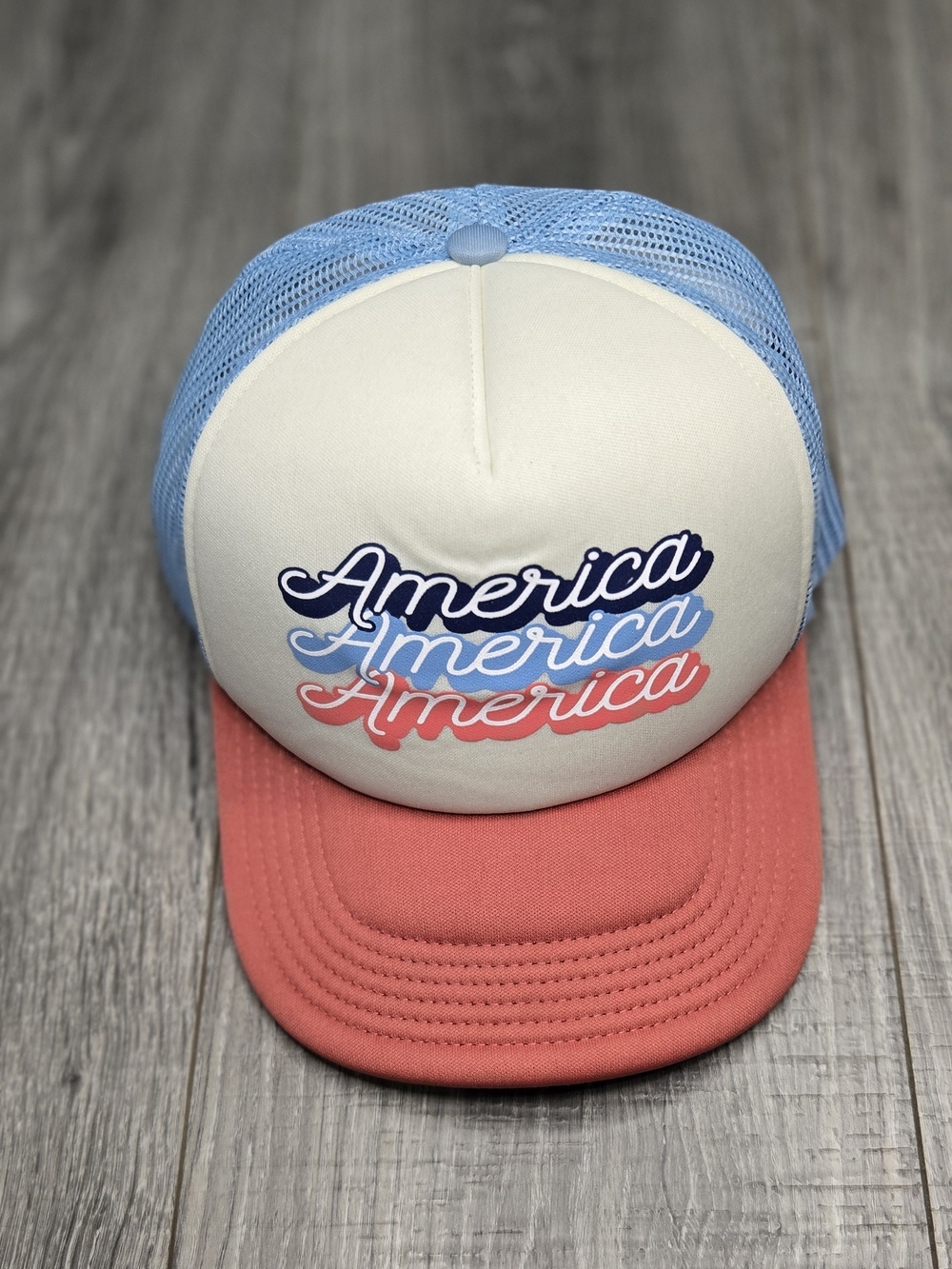 America Triple Script Patriotic Red White Blue Mesh Trucker Hat Snapback Retro.